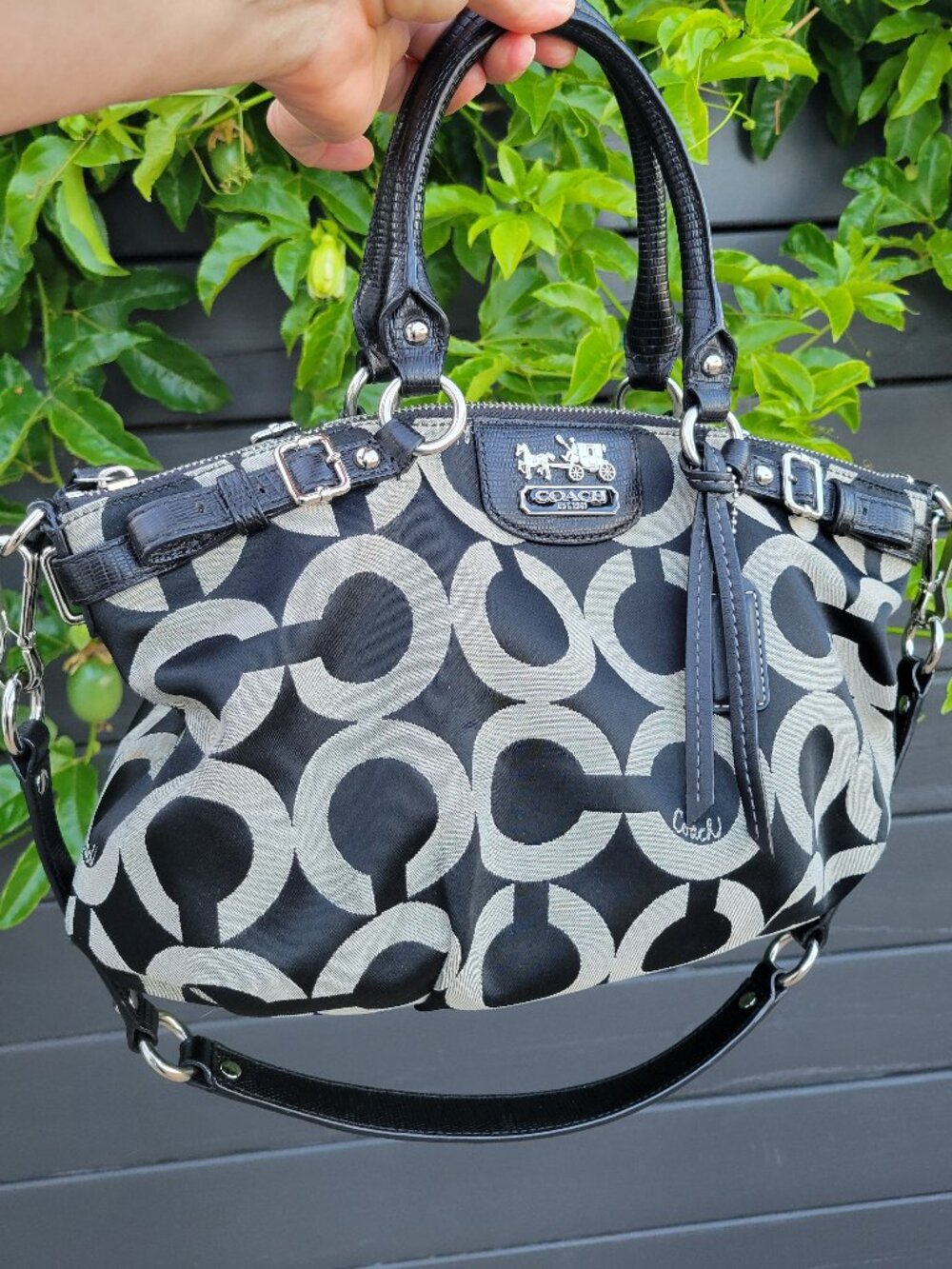 Y2K Vintage COACH MADISON SOPHIA OPTIC BLACK GRAY CANVAS SATCHEL PURSE